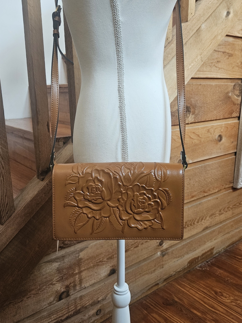 Patricia Nash Embossed Floral Leather Crossbody - Cognac Brown Comes With Bag
